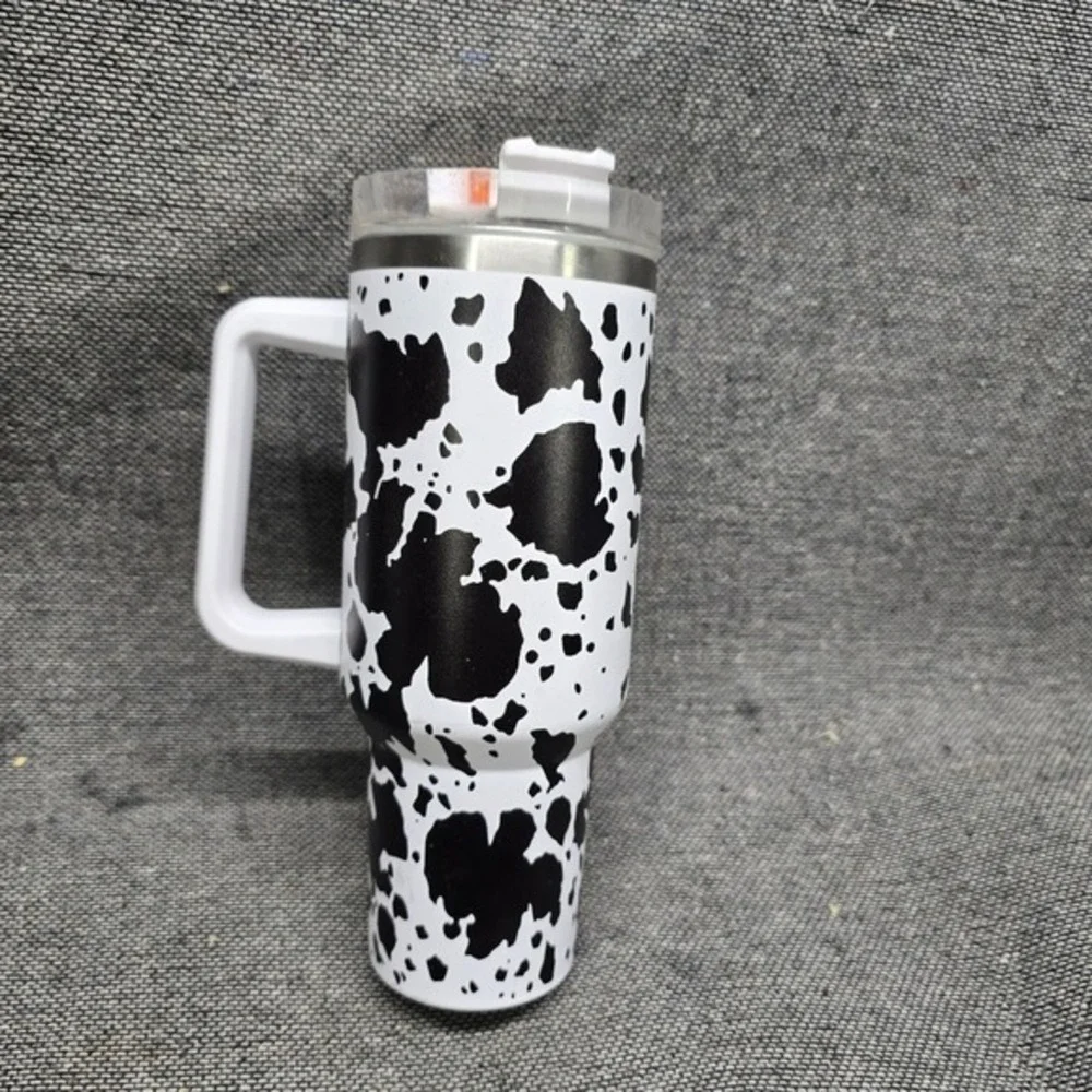 Tumbler‎ Cow Print Insulated Travel Mug 40oz White Black Good Handle